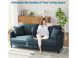 Sofá de 3 plazas en terciopelo de Teddy, sofá de confort correcta en madera sólida, loveseat con reposabrazos, 193x79x89cm, azul-gris