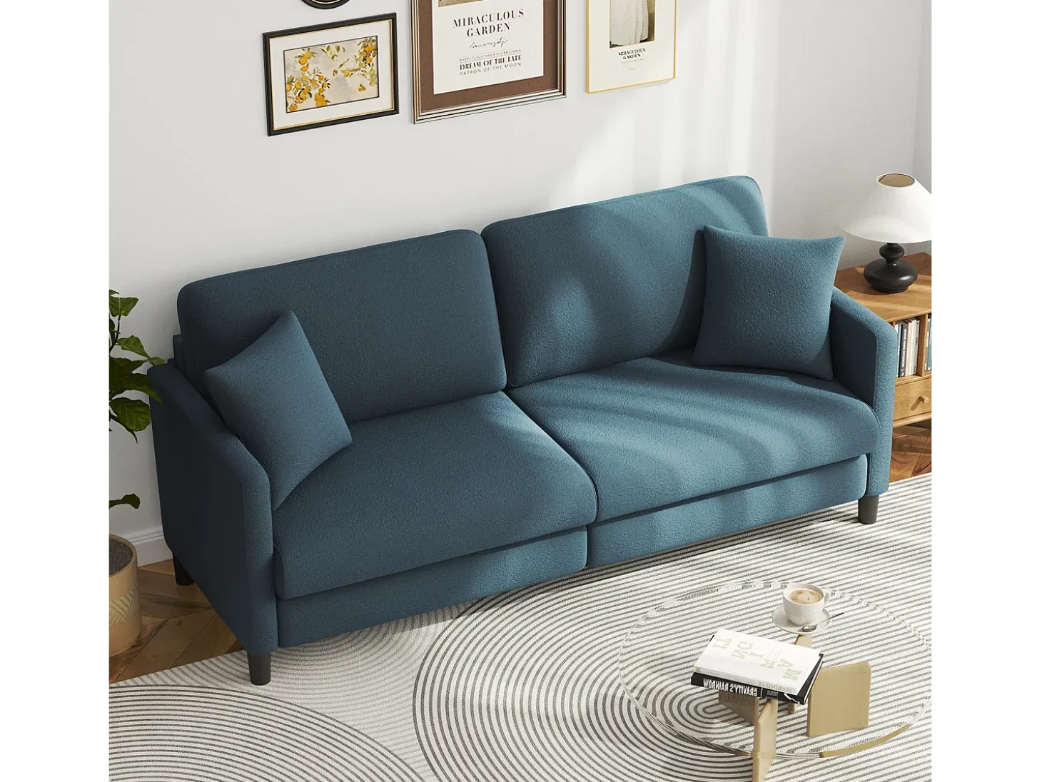 Sofá de 3 plazas en terciopelo de Teddy, sofá de confort correcta en madera sólida, loveseat con reposabrazos, 193x79x89cm, azul-gris
