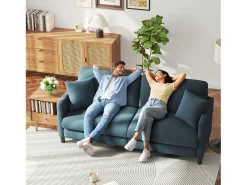 Sofá de 3 plazas en terciopelo de Teddy, sofá de confort correcta en madera sólida, loveseat con reposabrazos, 193x79x89cm, azul-gris
