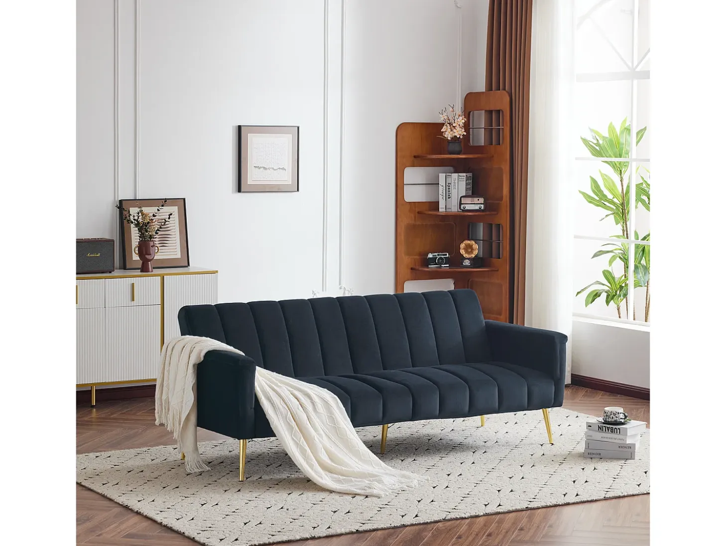 Sofá de 3 plazas en terciopelo negro - 3 en 1 - Respaldo y reposabrazos regulables - 184 x 79 x 71 cm - LERICI by Pascal Morabito
