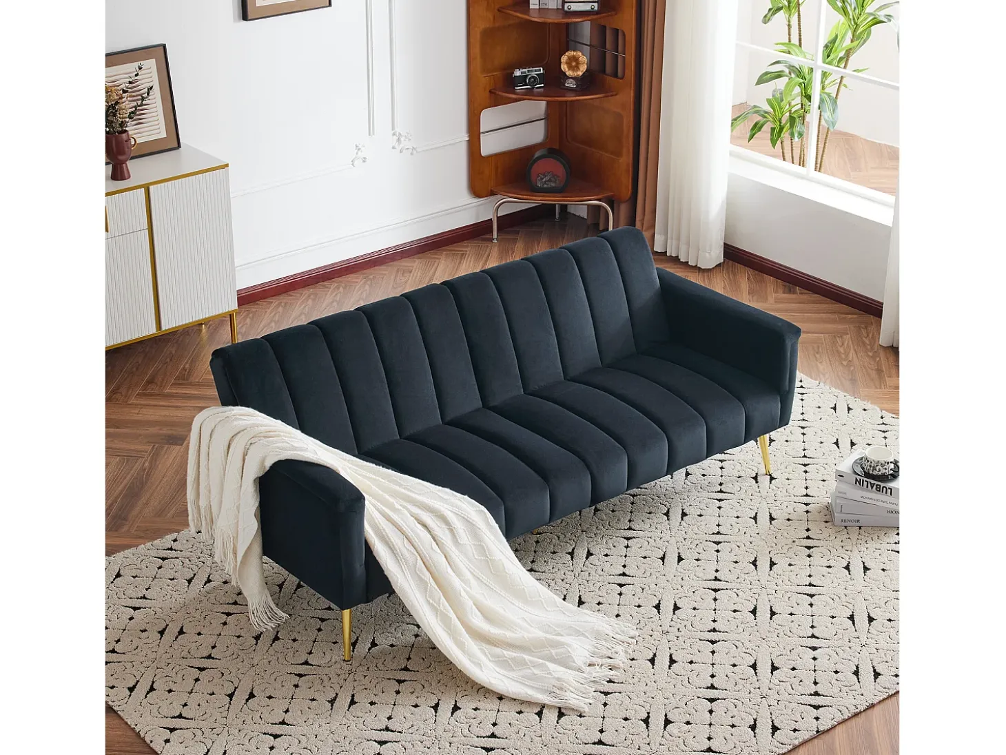 Sofá de 3 plazas en terciopelo negro - 3 en 1 - Respaldo y reposabrazos regulables - 184 x 79 x 71 cm - LERICI by Pascal Morabito
