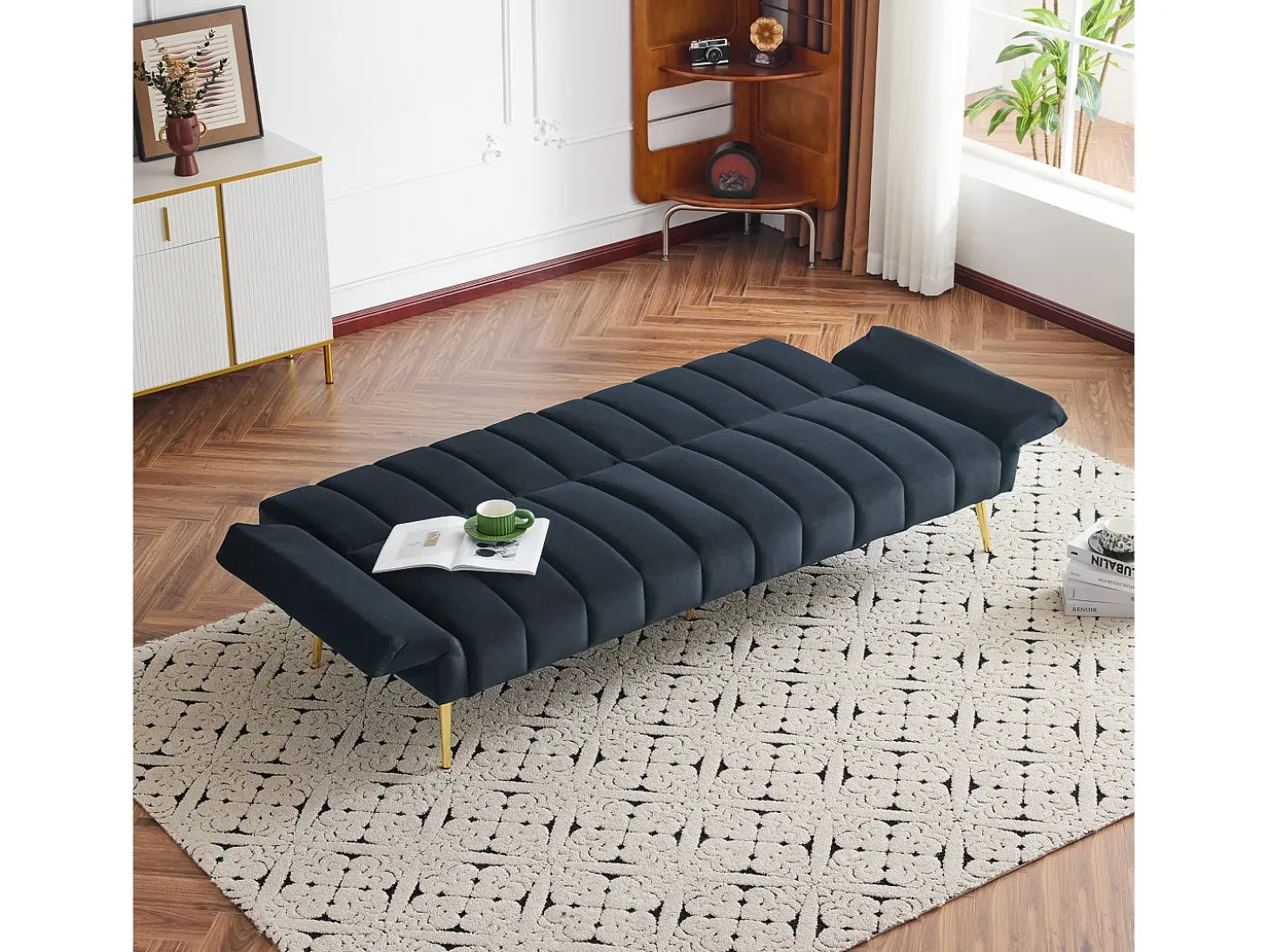 Sofá de 3 plazas en terciopelo negro - 3 en 1 - Respaldo y reposabrazos regulables - 184 x 79 x 71 cm - LERICI by Pascal Morabito
