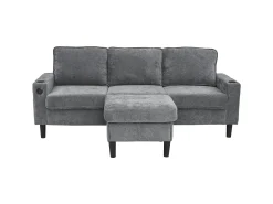 Sofá de 3 plazas, lino gris, en forma de L, con puertos USB y Tipo C, 2 portavasos, para salón y dormitorio