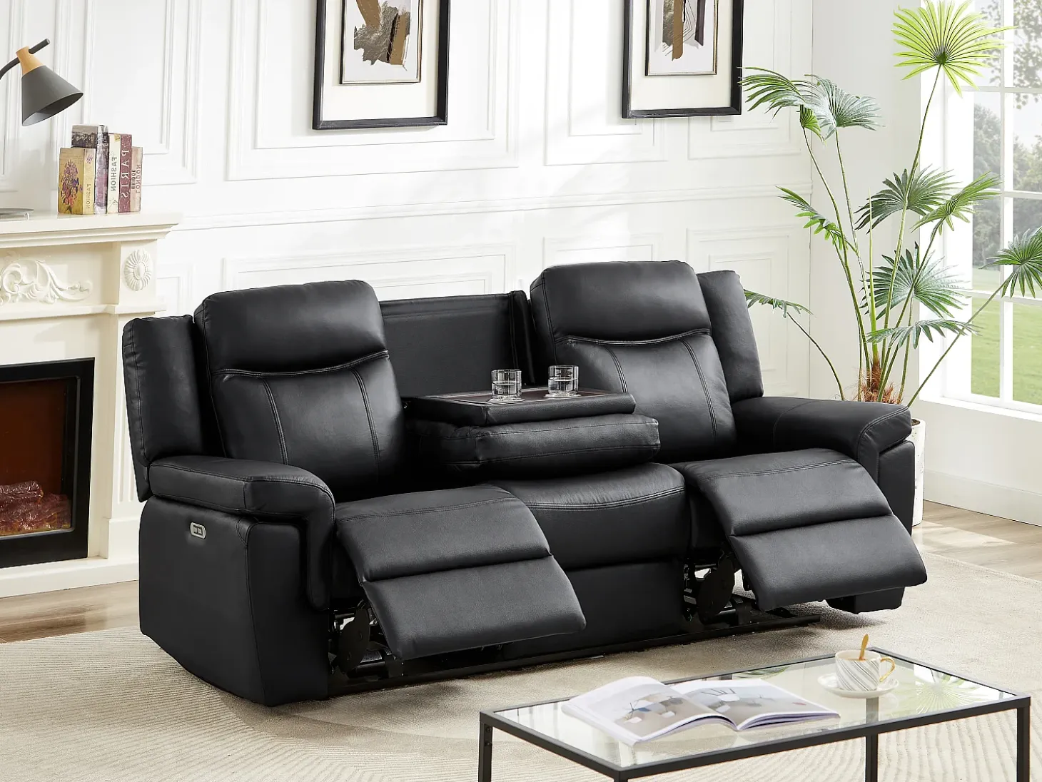 Sofá de 3 plazas relax eléctrico de piel negro con tableta bar KENNETH