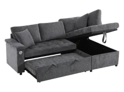 Sofá de 3 plazas, sofá cama con puertos USB y espacio de almacenaje, respaldo tapizado - Chenilla gris oscuro