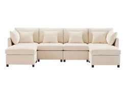 Sofá de 4 plazas, sofá de chenilla con respaldo y reposabrazos tapizados, reposapiés móvil - beige