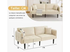 Sofá de 2 plazas, terciopelo beige, tapizado con respaldo regulable y patas de madera negras