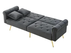 Sofá de 2 plazas, terciopelo gris, con respaldo reclinable de 3 posiciones y patas doradas, para salón y oficina