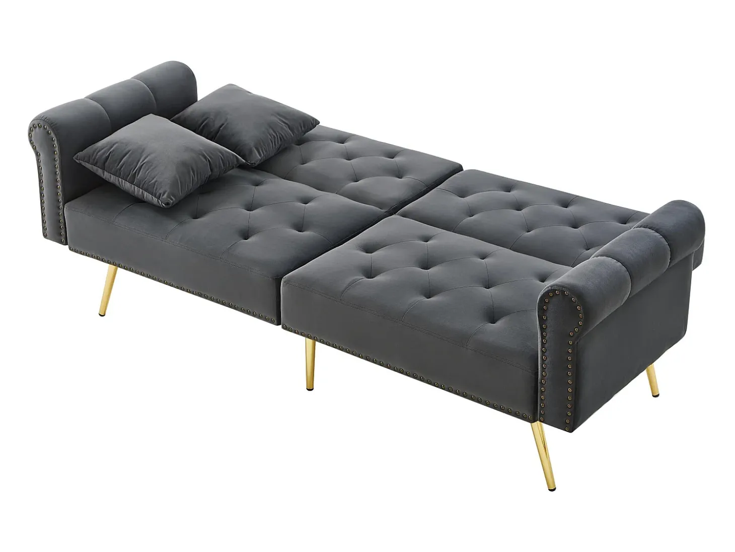 Sofá de 2 plazas, terciopelo gris, con respaldo reclinable de 3 posiciones y patas doradas, para salón y oficina