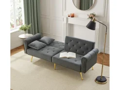 Sofá de 2 plazas, terciopelo gris, con respaldo reclinable de 3 posiciones y patas doradas, para salón y oficina