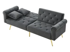 Sofá de 2 plazas, terciopelo gris, con respaldo reclinable de 3 posiciones y patas doradas, para salón y oficina