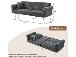 Sofá de 2 plazas, terciopelo gris, con respaldo reclinable de 3 posiciones y patas doradas, para salón y oficina
