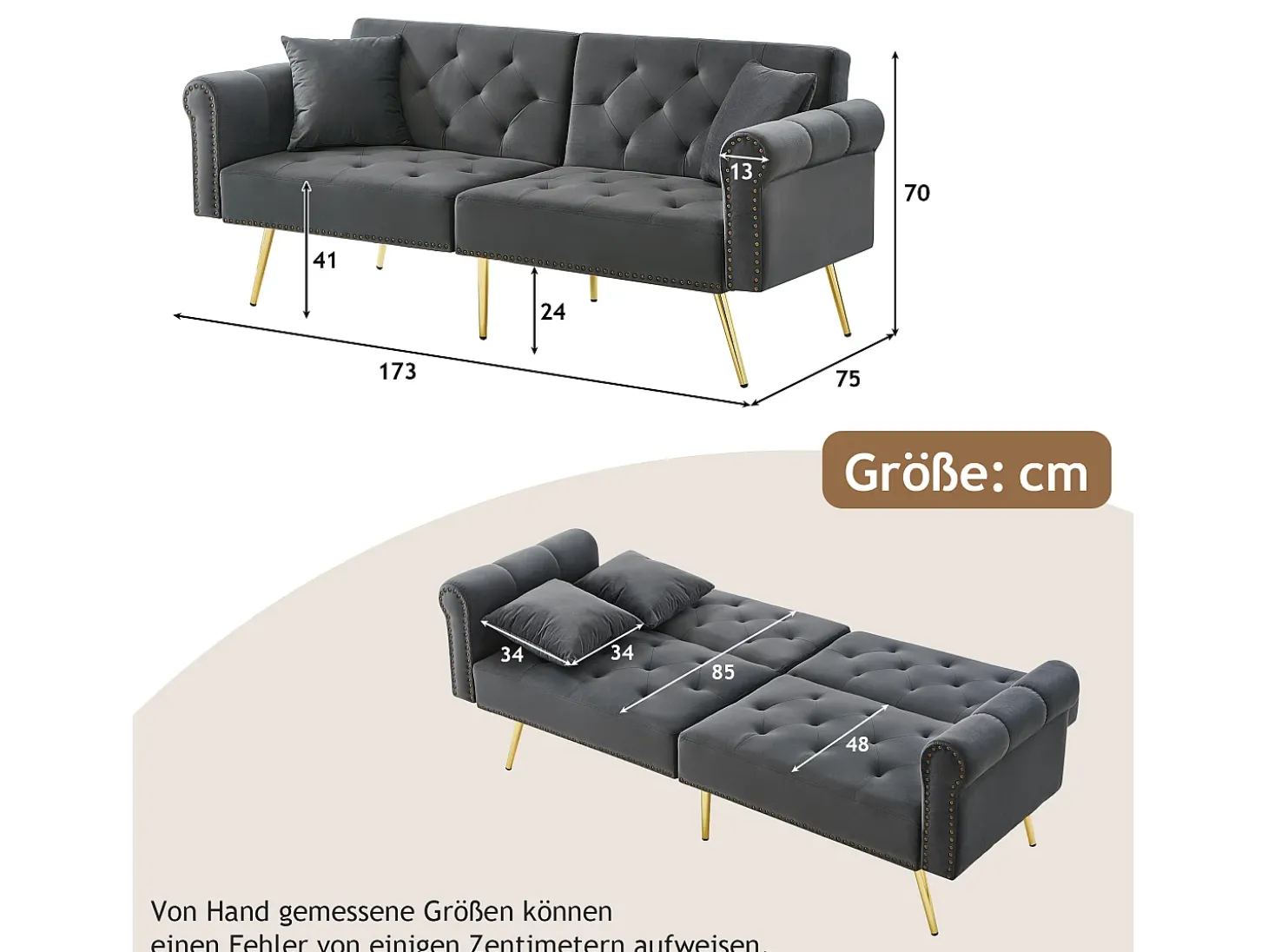 Sofá de 2 plazas, terciopelo gris, con respaldo reclinable de 3 posiciones y patas doradas, para salón y oficina