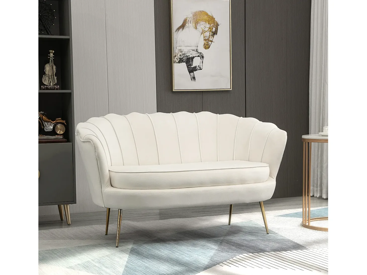 Sofá de 2 plazas, terciopelo, estructura de acero galvanizado, color crema (130x77x77 cm)