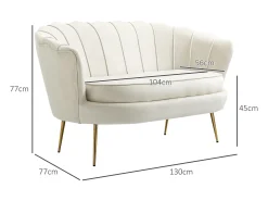Sofá de 2 plazas, terciopelo, estructura de acero galvanizado, color crema (130x77x77 cm)