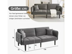 Sofá de 2 plazas, terciopelo gris, tapizado con respaldo regulable y patas de madera negras