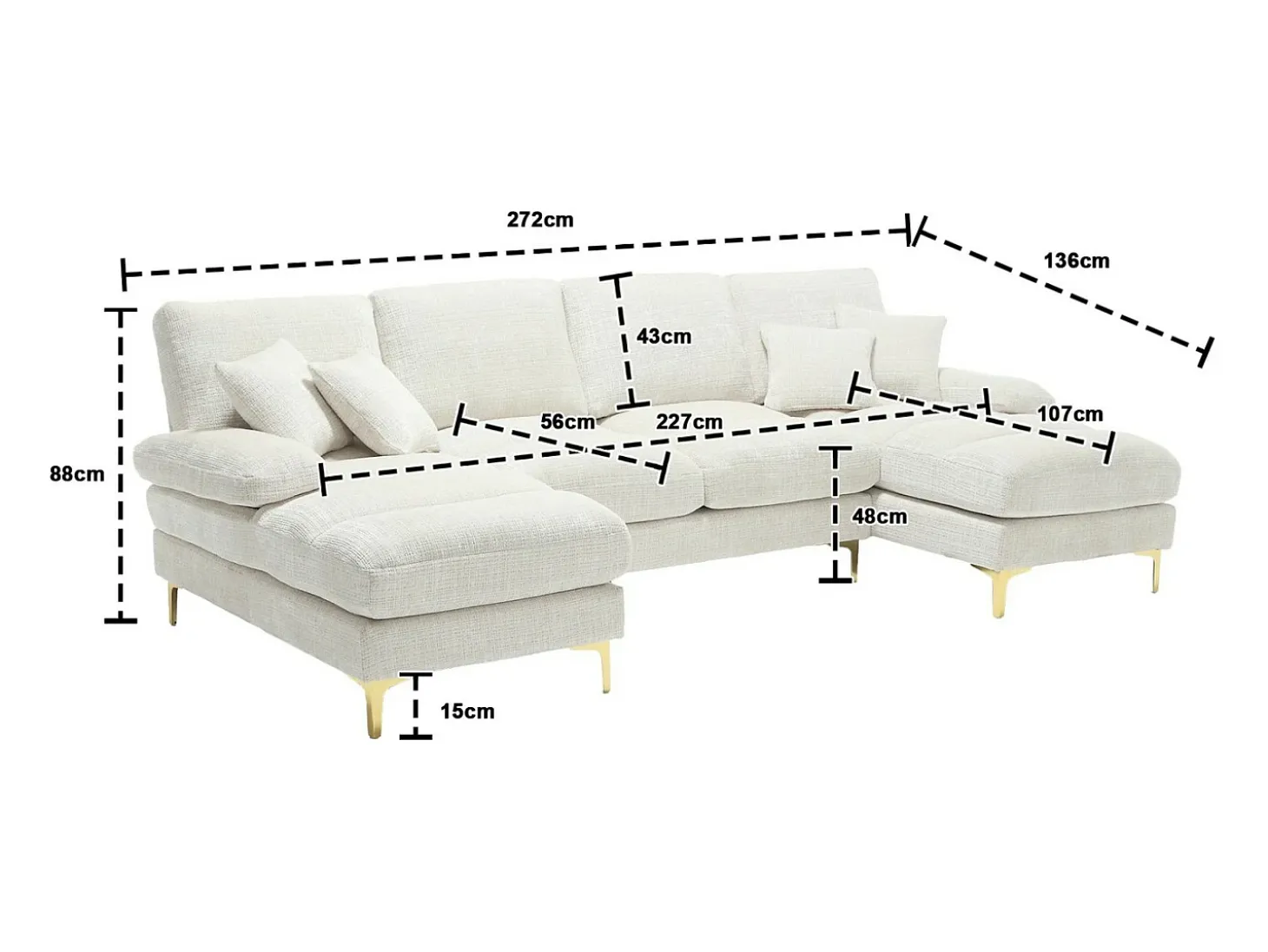 Sofá de 4 puentes, en tela de oruga, marco de madera sólida, con almohadas, 272x136x88cm, beige