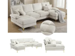 Sofá de 4 puentes, en tela de oruga, marco de madera sólida, con almohadas, 272x136x88cm, beige