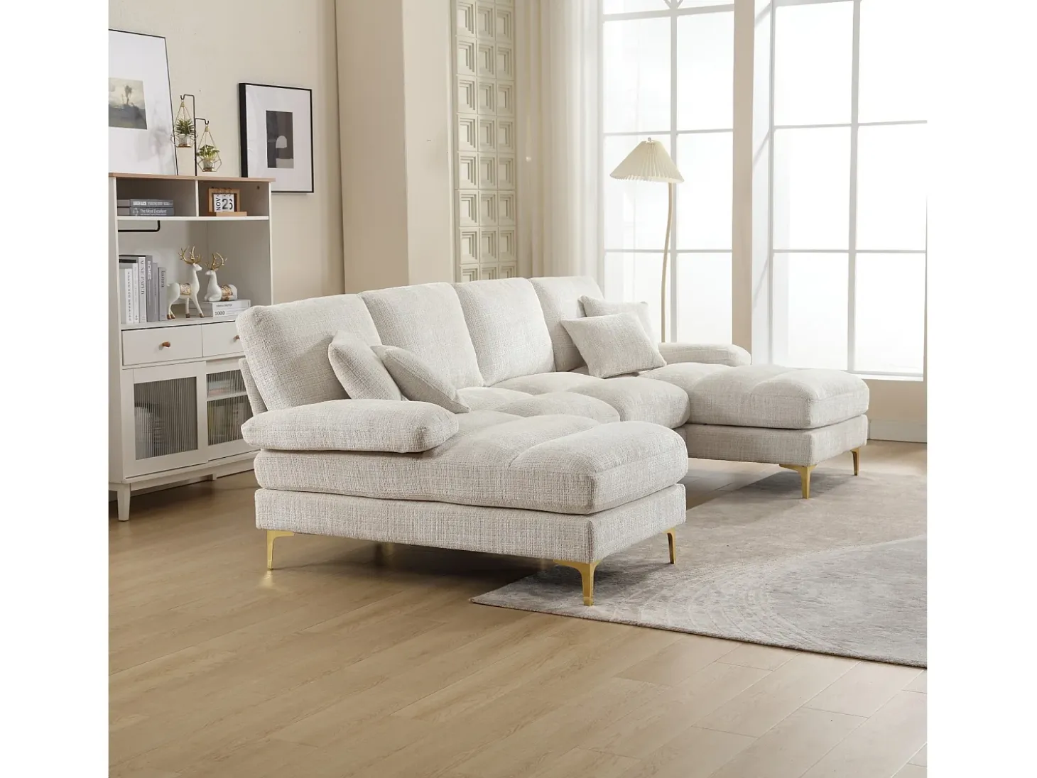 Sofá de 4 puentes, en tela de oruga, marco de madera sólida, con almohadas, 272x136x88cm, beige