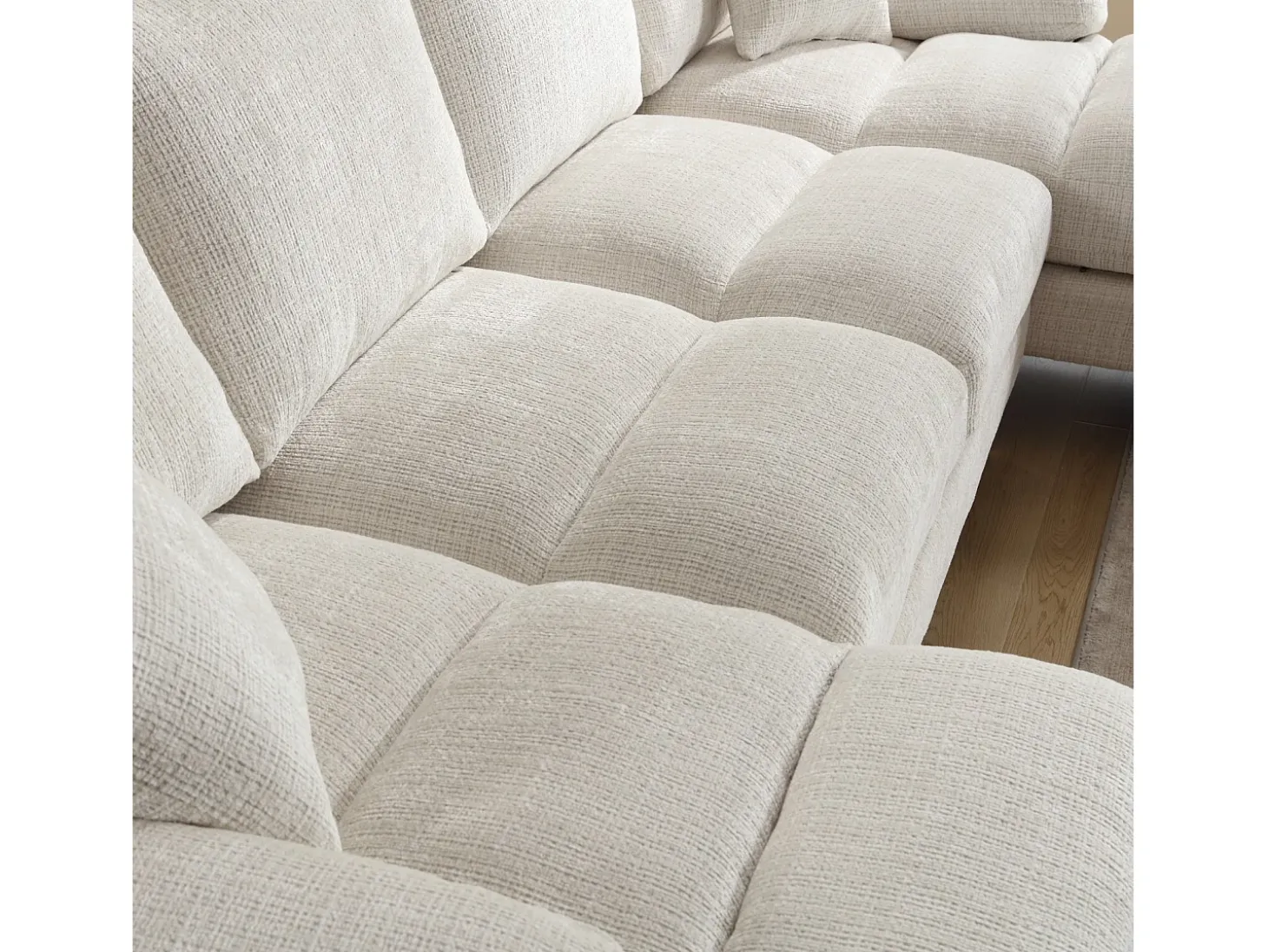 Sofá de 4 puentes, en tela de oruga, marco de madera sólida, con almohadas, 272x136x88cm, beige