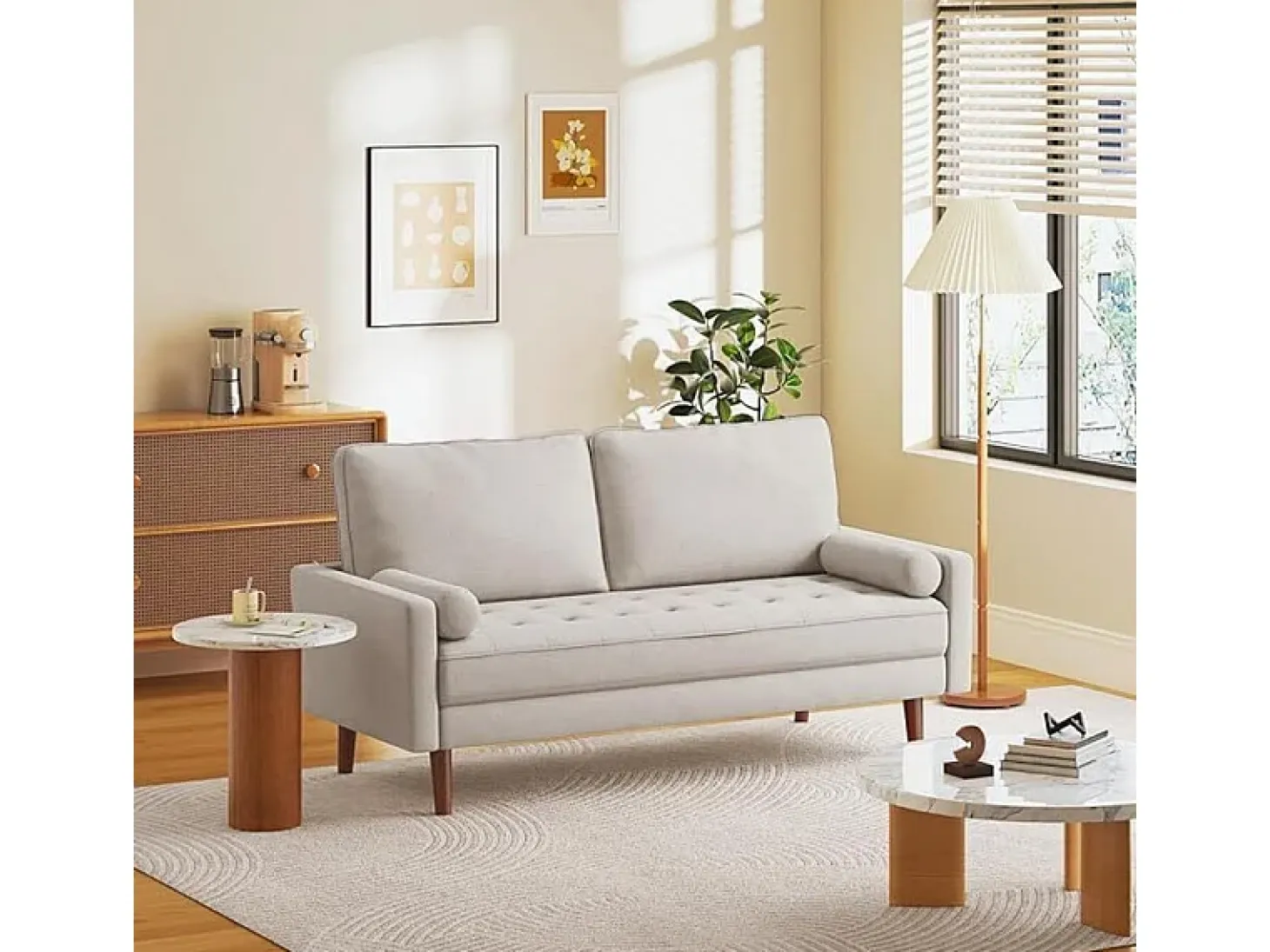 Sofá de 3 salones en tela de lino beige - escandinavo - con 2 almohadas y reposabrazos - pies de madera sólida - 173x77x84cm