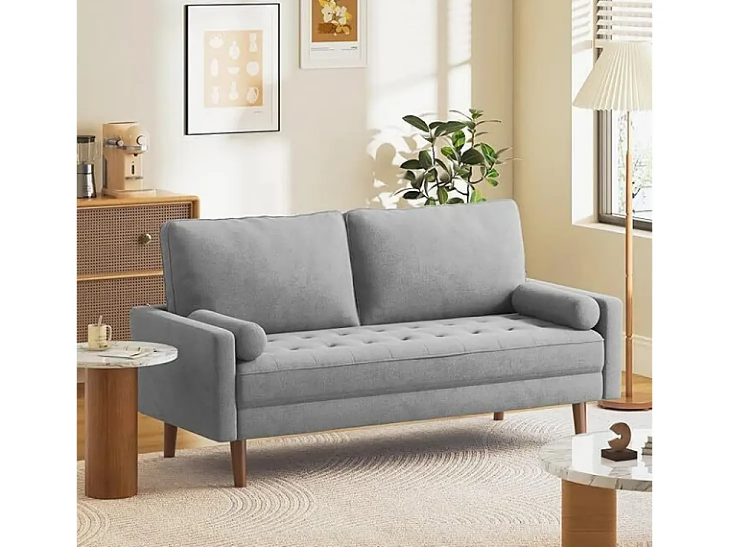 Sofá de 3 salones en tela de lino gris - escandinavo - con 2 almohadas y reposabrazos - pies de madera sólida - 173x77x84cm