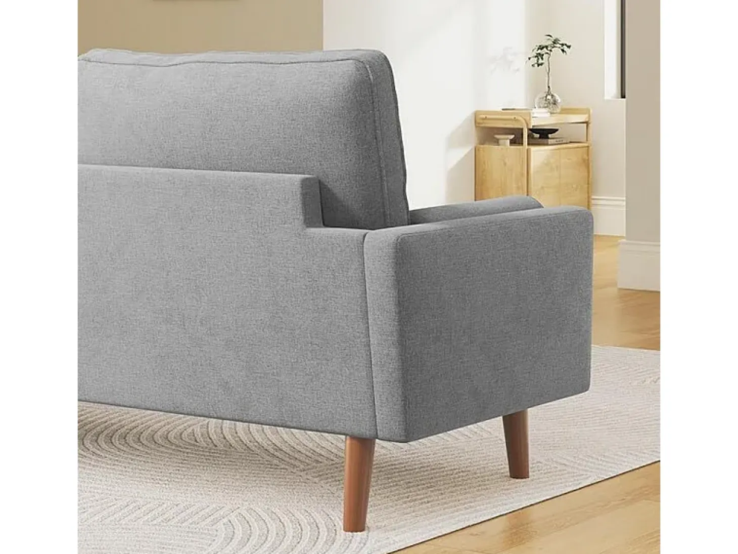 Sofá de 3 salones en tela de lino gris - escandinavo - con 2 almohadas y reposabrazos - pies de madera sólida - 173x77x84cm