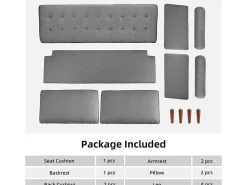 Sofá de 3 salones en tela de lino gris - escandinavo - con 2 almohadas y reposabrazos - pies de madera sólida - 173x77x84cm