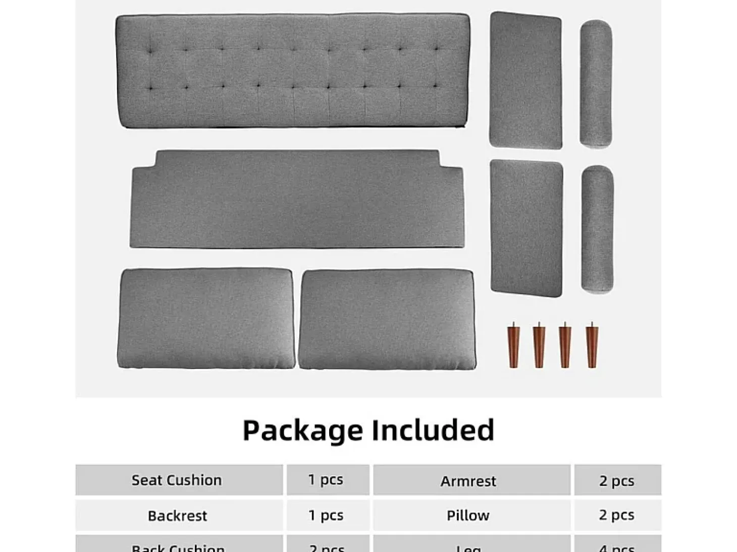 Sofá de 3 salones en tela de lino gris - escandinavo - con 2 almohadas y reposabrazos - pies de madera sólida - 173x77x84cm