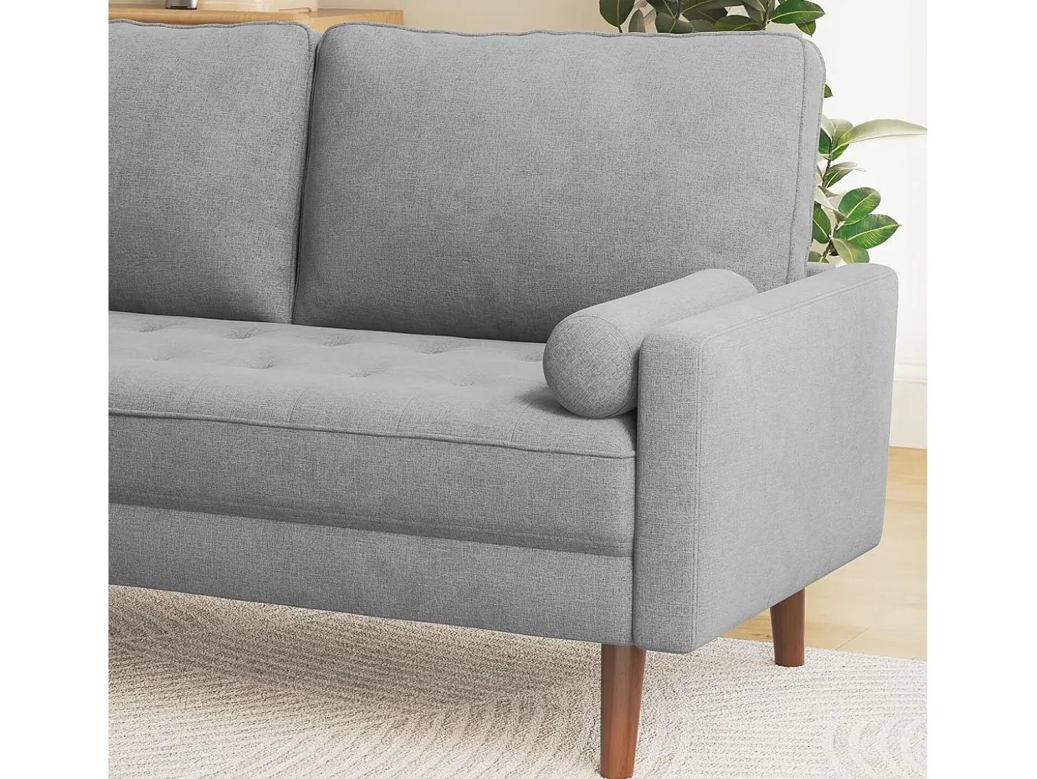 Sofá de 3 salones en tela de lino gris - escandinavo - con 2 almohadas y reposabrazos - pies de madera sólida - 173x77x84cm