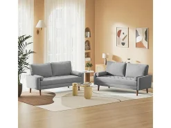Sofá de 3 salones en tela de lino gris - escandinavo - con 2 almohadas y reposabrazos - pies de madera sólida - 173x77x84cm