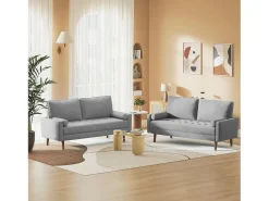Sofá de 3 salones en tela de lino gris - escandinavo - con 2 almohadas y reposabrazos - pies de madera sólida - 173x77x84cm