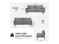 Sofá de 3 salones en tela de lino gris - escandinavo - con 2 almohadas y reposabrazos - pies de madera sólida - 173x77x84cm