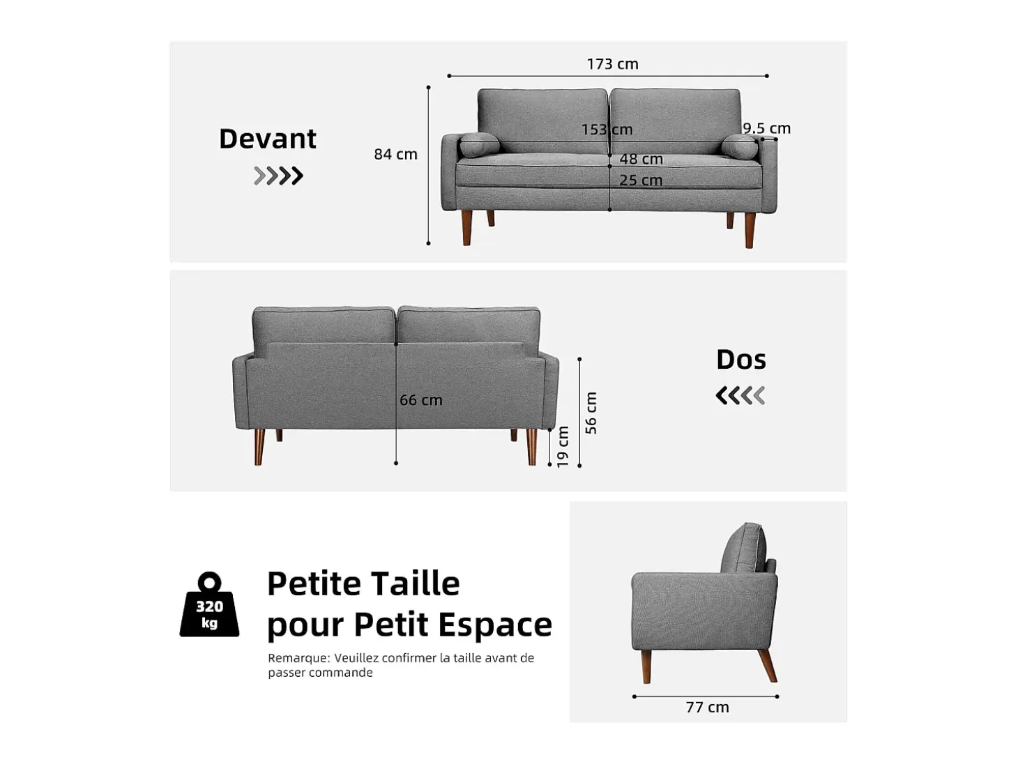 Sofá de 3 salones en tela de lino gris - escandinavo - con 2 almohadas y reposabrazos - pies de madera sólida - 173x77x84cm