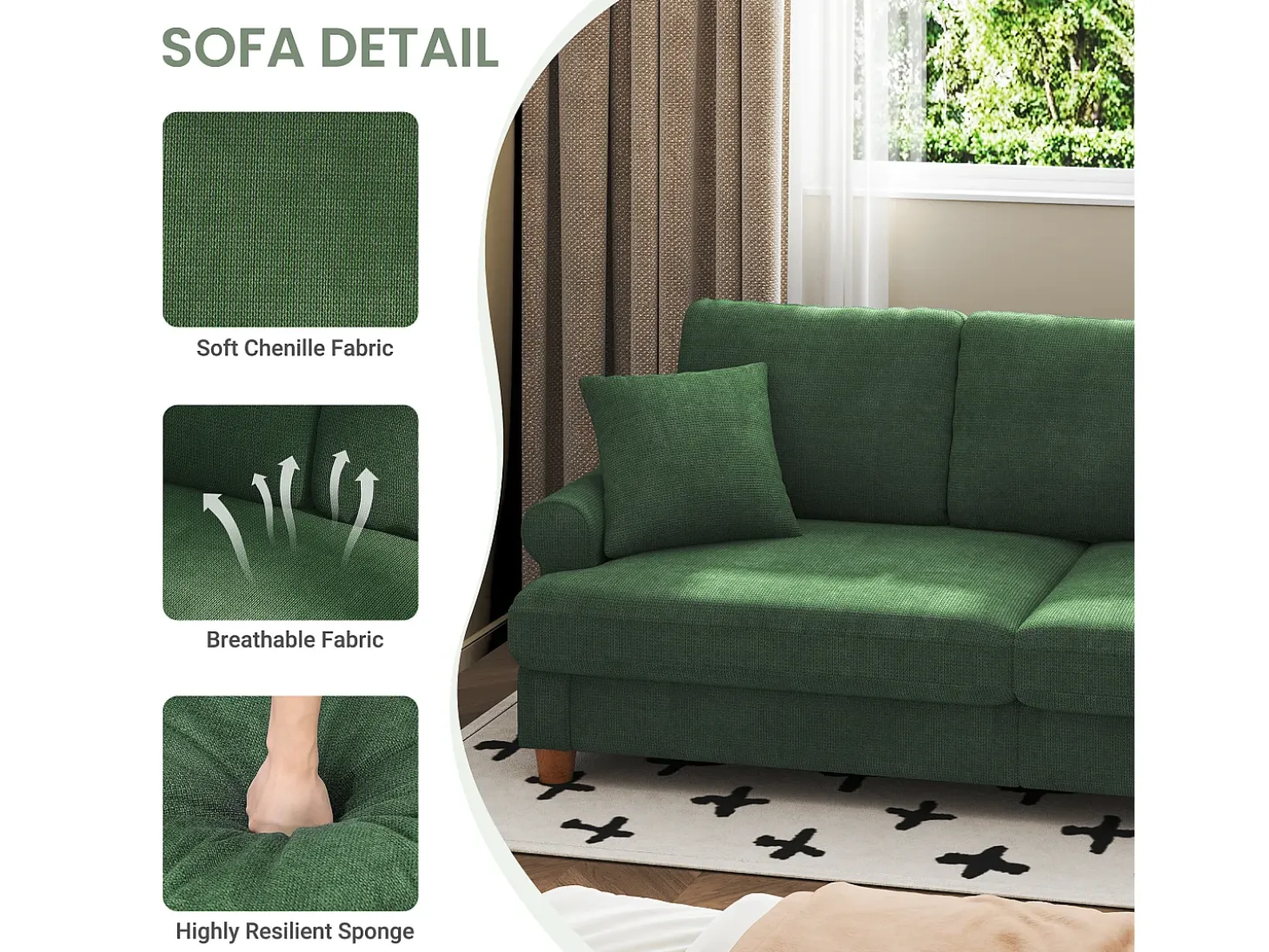 Sofá de comodidad de 3 salones, tela de oruga, con reposabrazos, cojines y 2 almohadas, carga máxima 365 kg - 220x76x86 cm