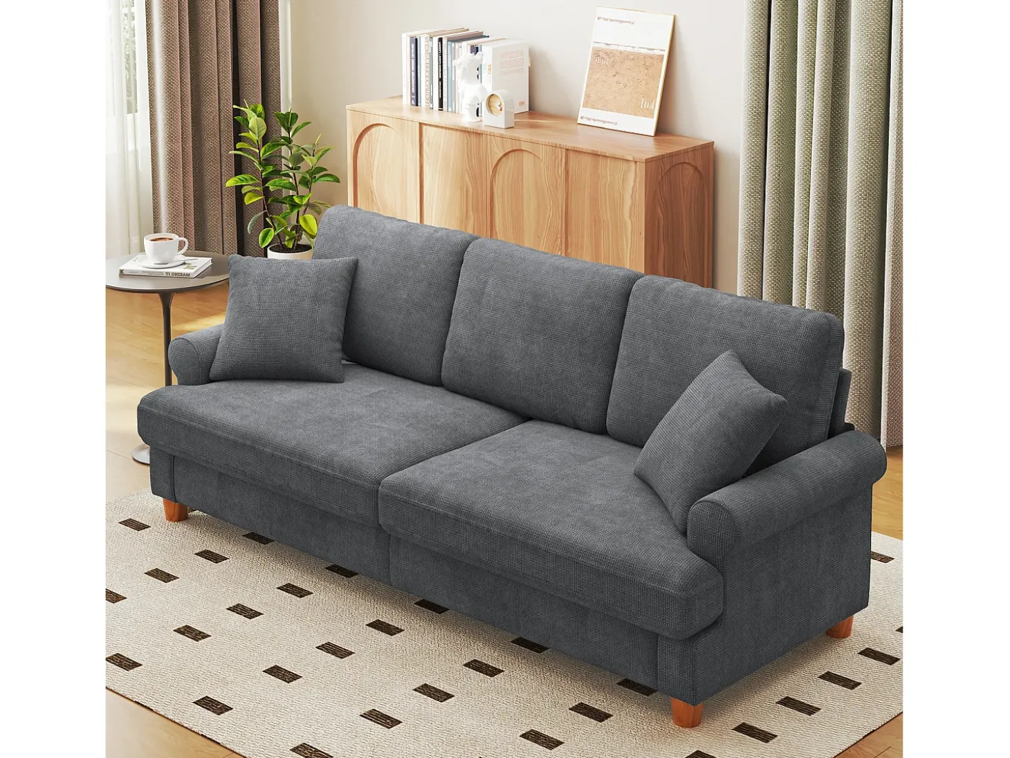 Sofá de comodidad de 3 salones, tela de oruga, con reposabrazos, cojines y 2 almohadas, carga máxima 365 kg - 220x76x86 cm
