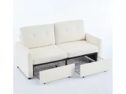 Sofá de dos plazas con cajones de almacenamiento, color marfil.