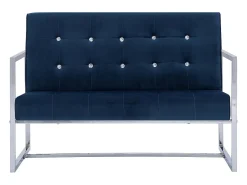 Sofá de dos plazas con reposabrazos cromados y terciopelo azul