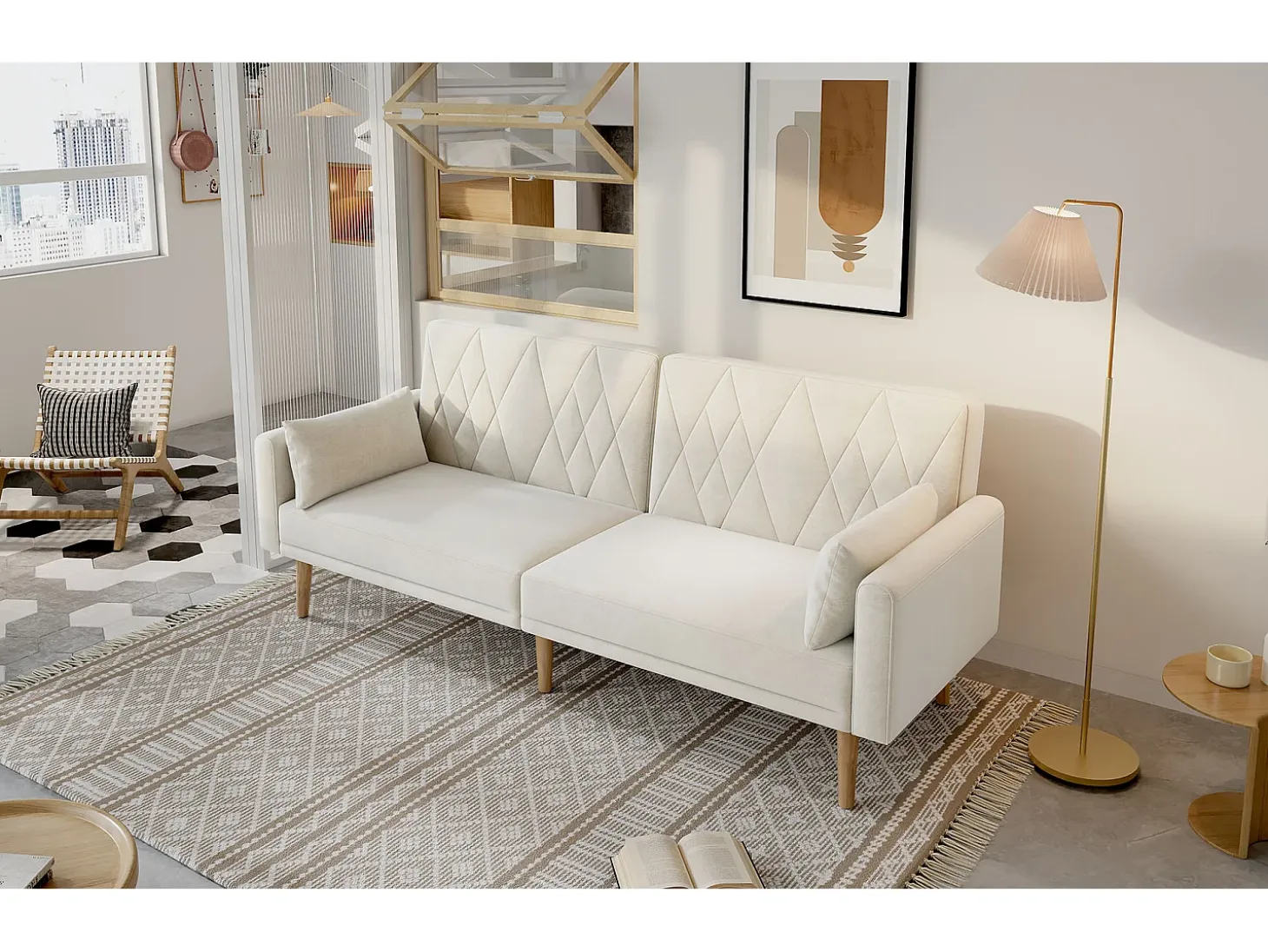 Sofá de dos plazas 180x75x82 cm - Respaldo ajustable - Terciopelo - Beige