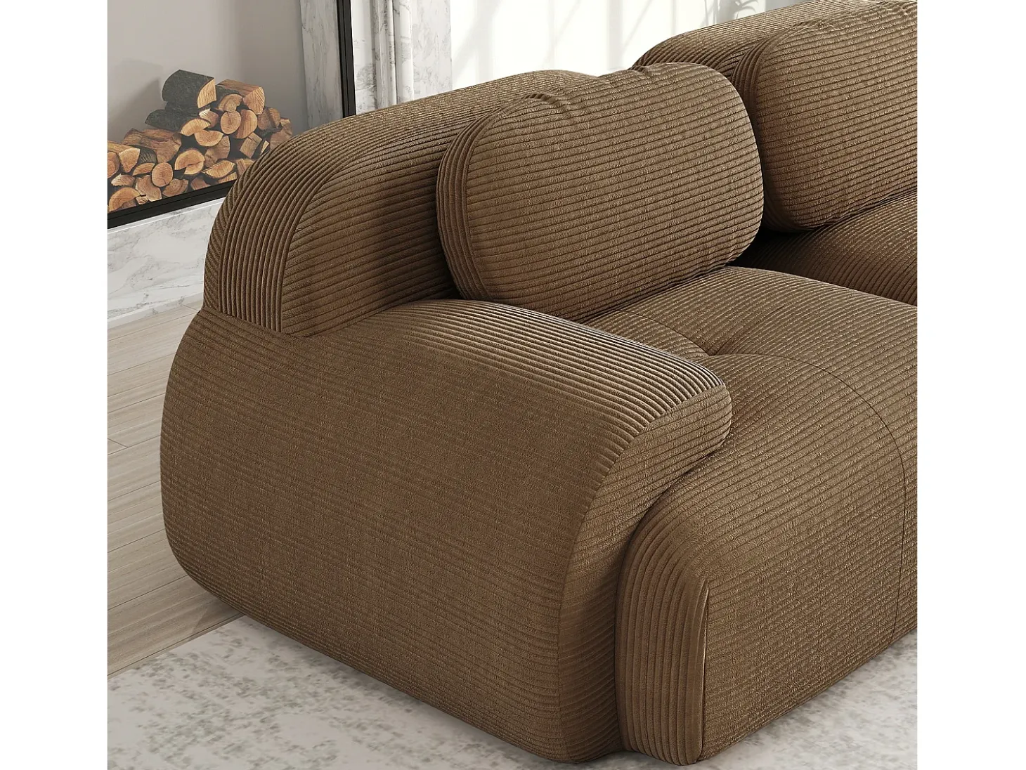 Sofá de esquina 3 plazas modular - en Pana - con 3 cojines y otomana - 298x178x70cm - Marrón