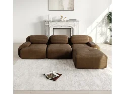 Sofá de esquina 3 plazas modular - en Pana - con 3 cojines y otomana - 298x178x70cm - Marrón