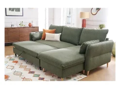 Sofá de esquina convertible reversible con baúl 3-4 plazas en tela verde caqui y madera clara DRISS