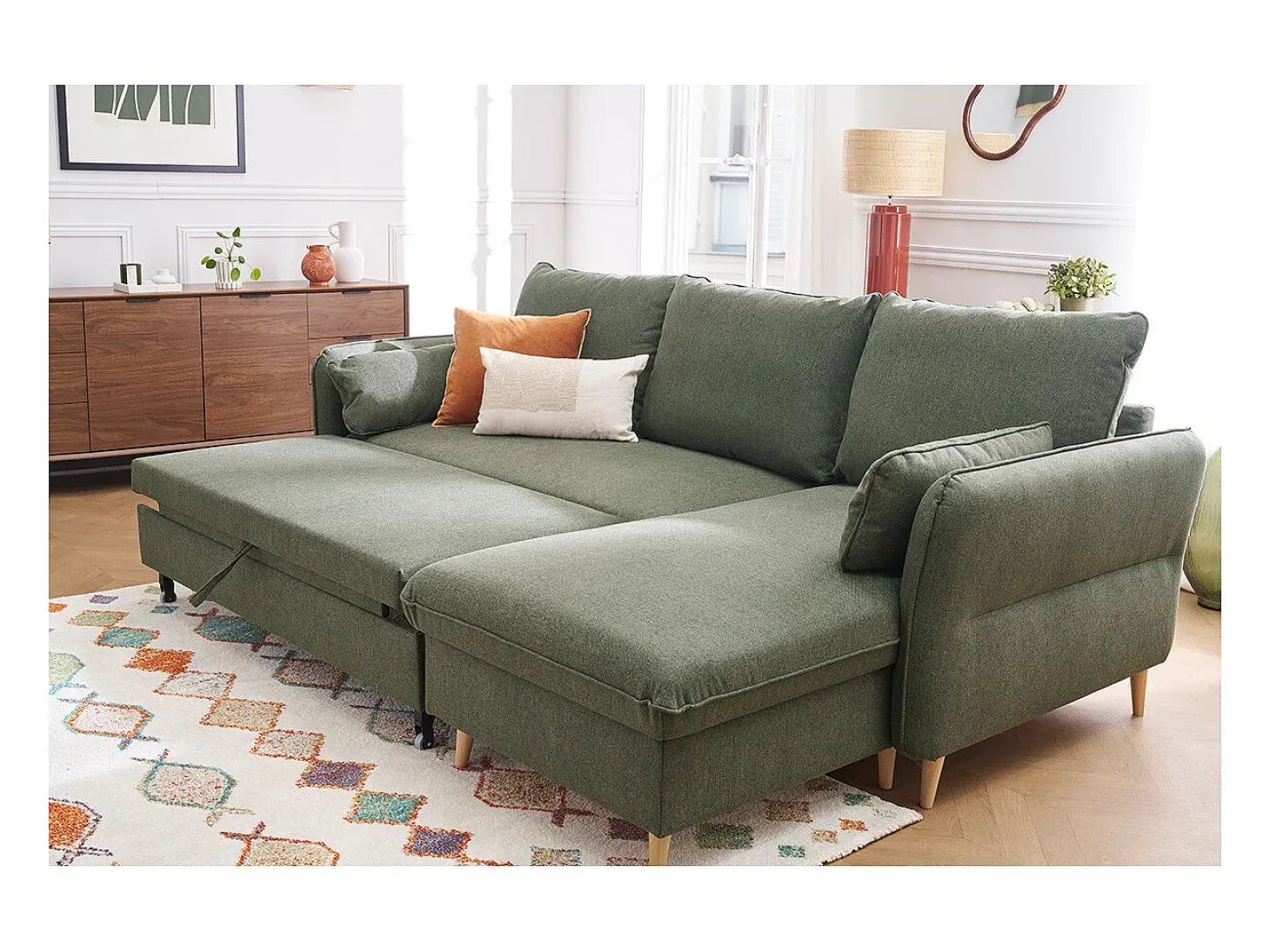 Sofá de esquina convertible reversible con baúl 3-4 plazas en tela verde caqui y madera clara DRISS