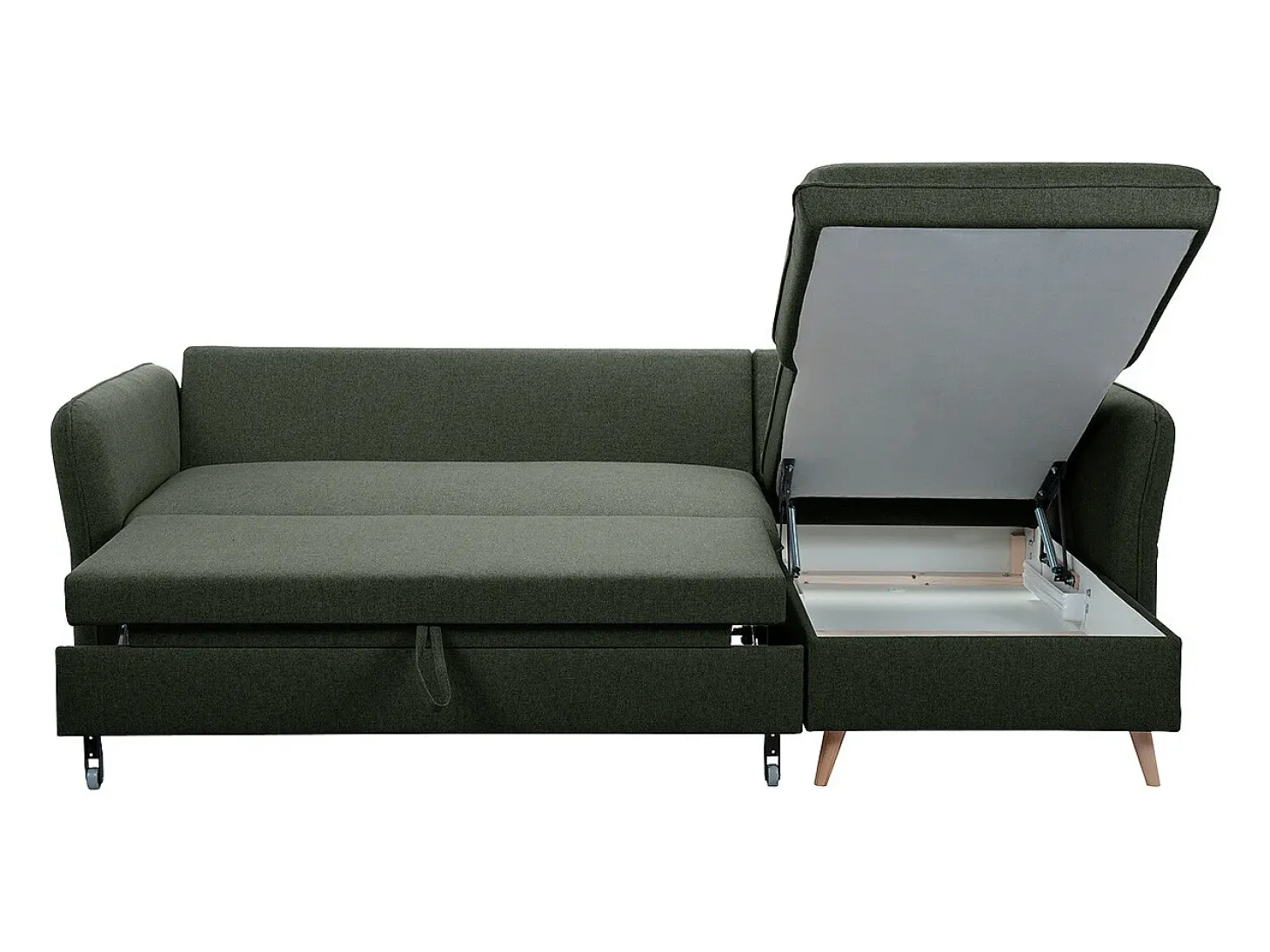 Sofá de esquina convertible reversible con baúl 3-4 plazas en tela verde caqui y madera clara DRISS