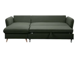 Sofá de esquina convertible reversible con baúl 3-4 plazas en tela verde caqui y madera clara DRISS