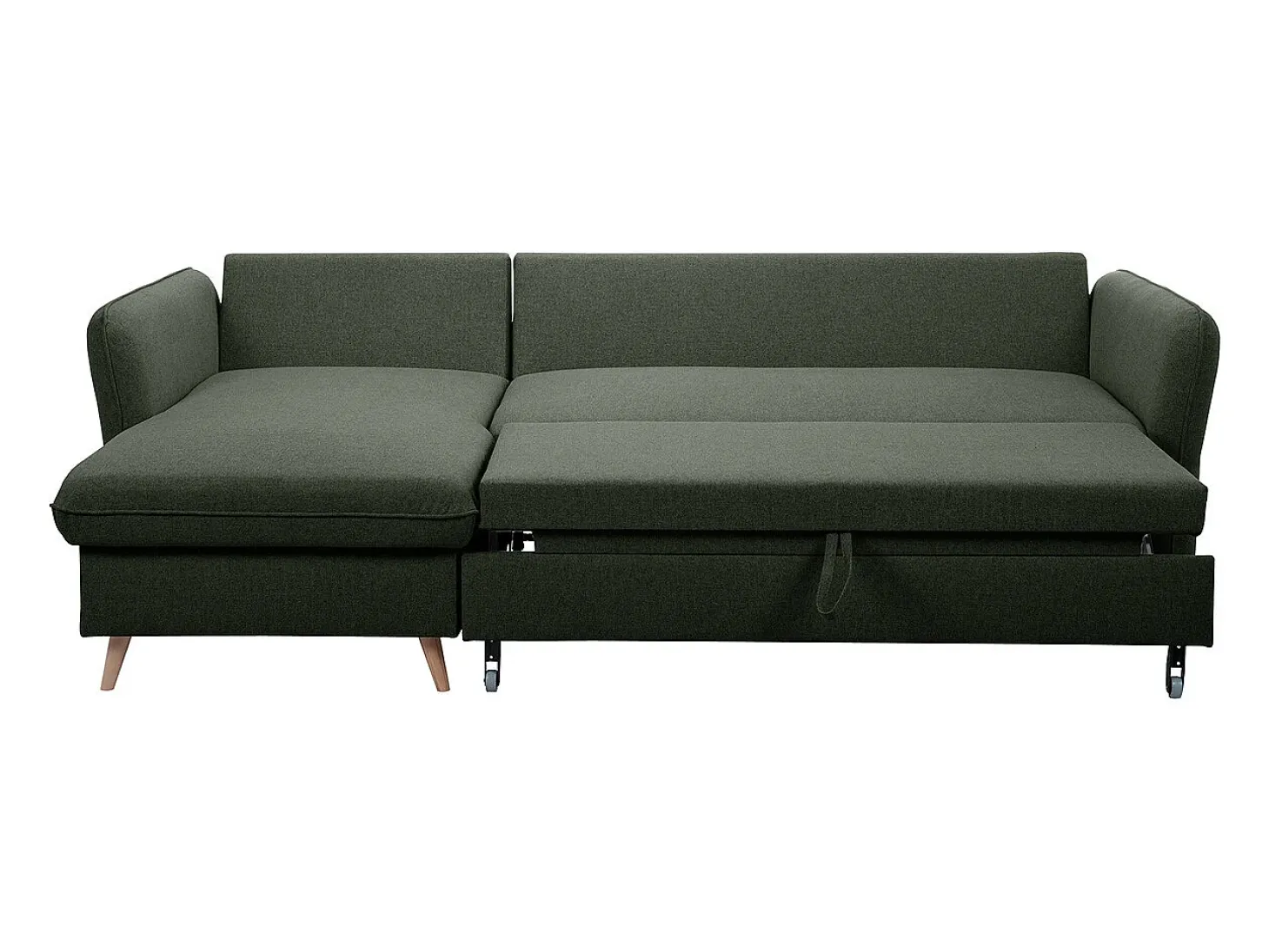 Sofá de esquina convertible reversible con baúl 3-4 plazas en tela verde caqui y madera clara DRISS