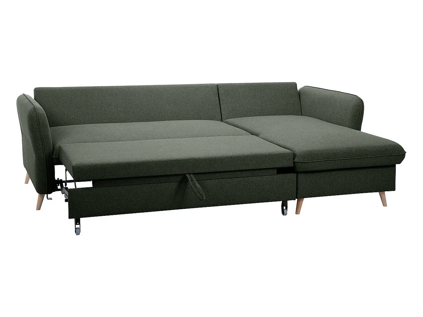 Sofá de esquina convertible reversible con baúl 3-4 plazas en tela verde caqui y madera clara DRISS