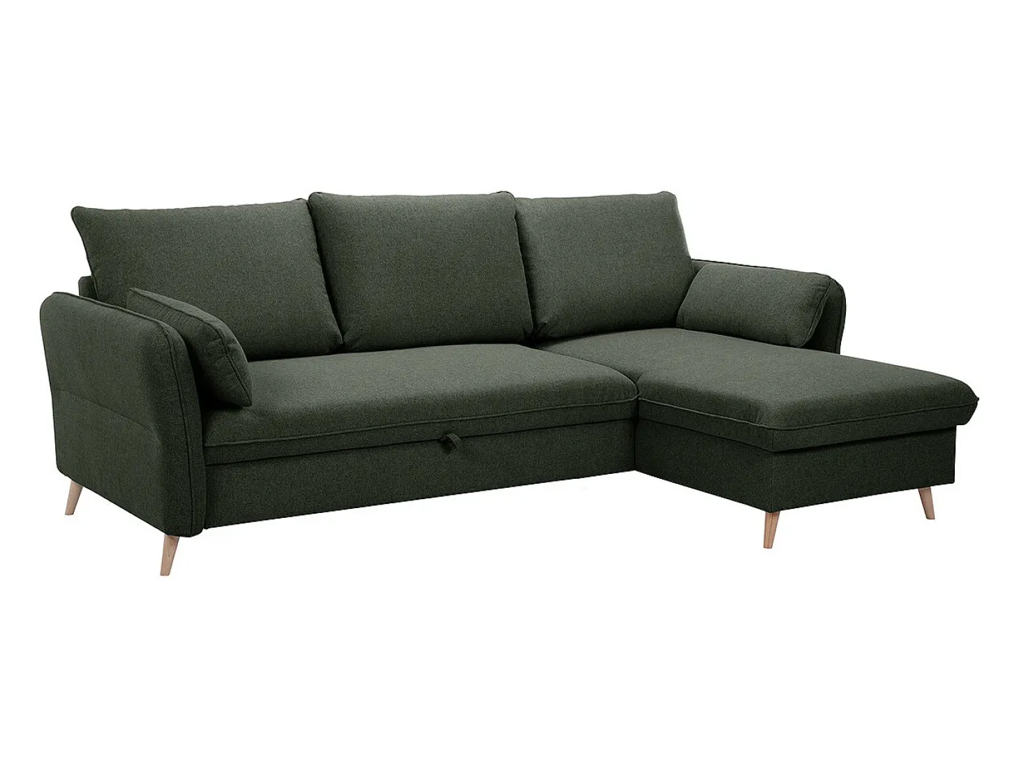 Sofá de esquina convertible reversible con baúl 3-4 plazas en tela verde caqui y madera clara DRISS