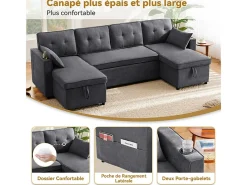 Sofá de esquina convertible con 2 cajones de almacenamiento, cojín y portavasos - Algodón y lino - 270×130×86 cm - Gris