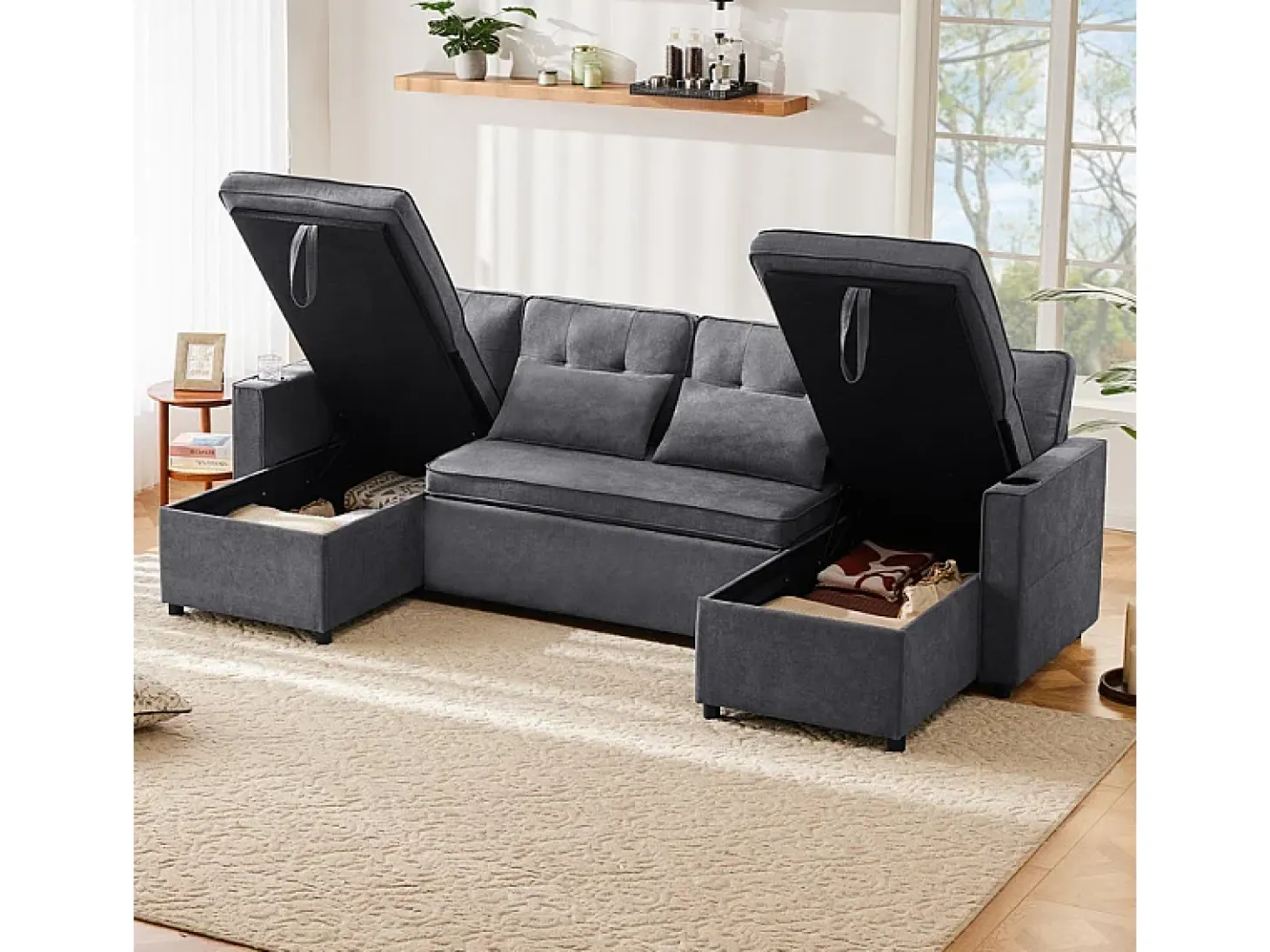 Sofá de esquina convertible con 2 cajones de almacenamiento, cojín y portavasos - Algodón y lino - 270×130×86 cm - Gris